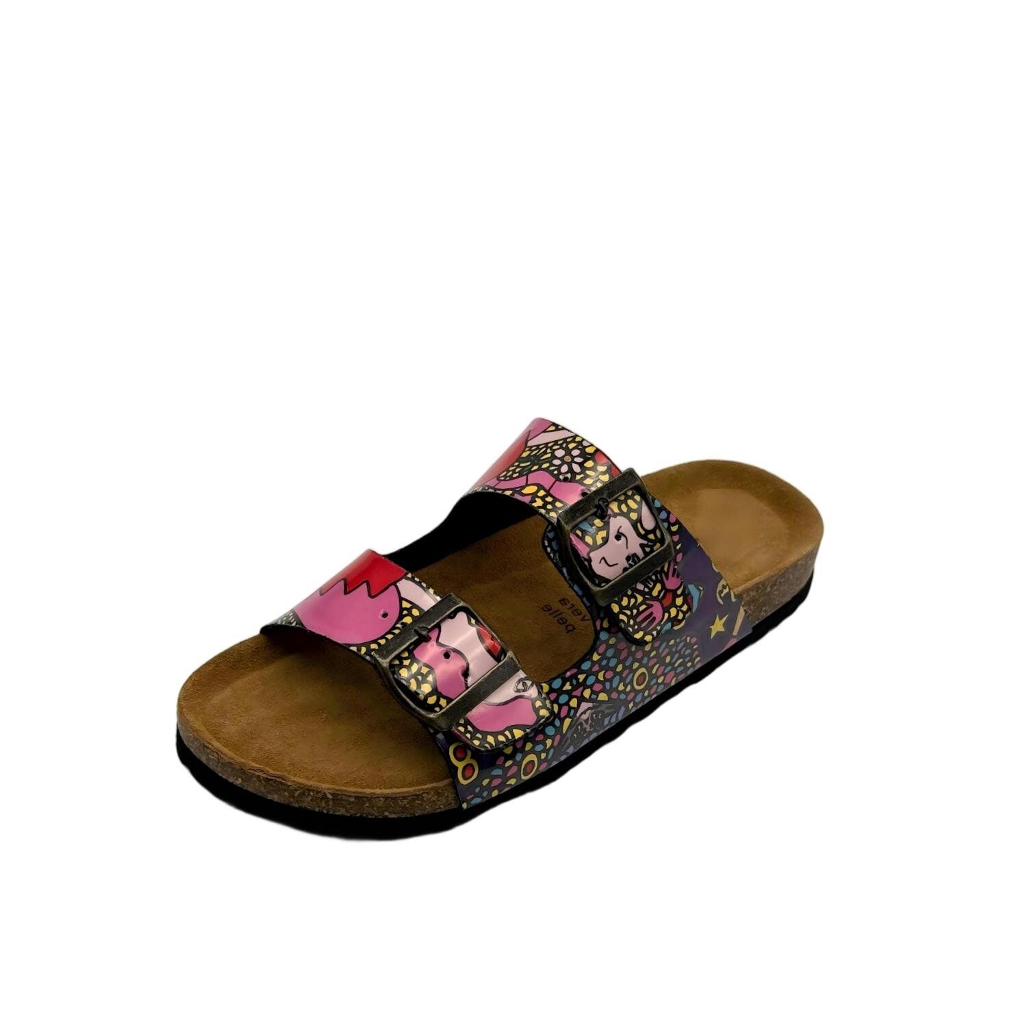 Womens Two Buckles Cork Footbed Ajustable Printed Sandals